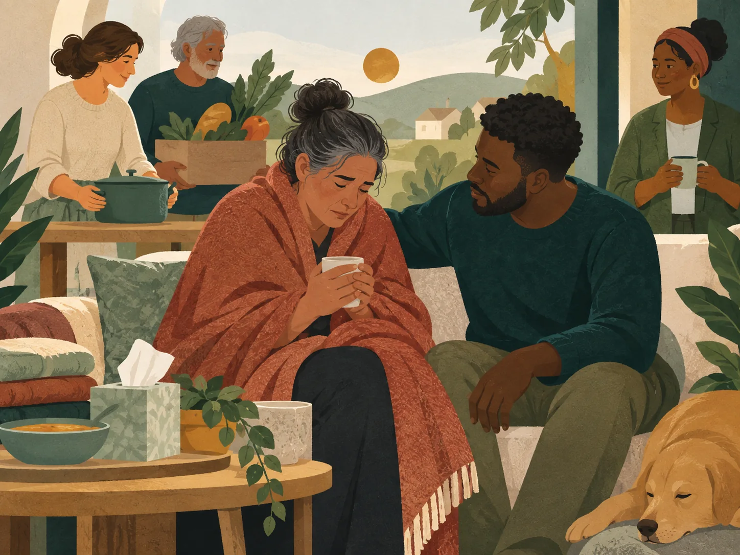 An editorial scene expressing mercy through service and community