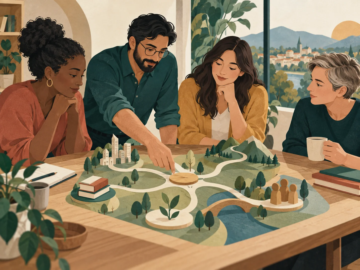 An editorial scene expressing wisdom through service and community